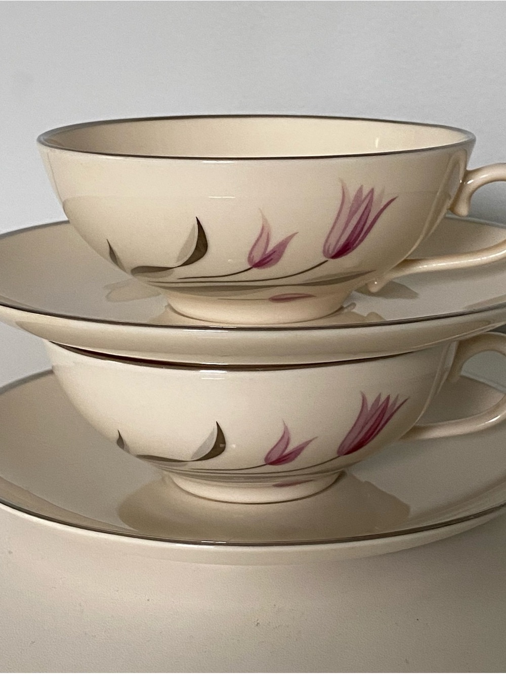 Franciscan Carmel Tea Cups Saucers Set Of 2 MINT Pink Floral Platinum Trim EUC